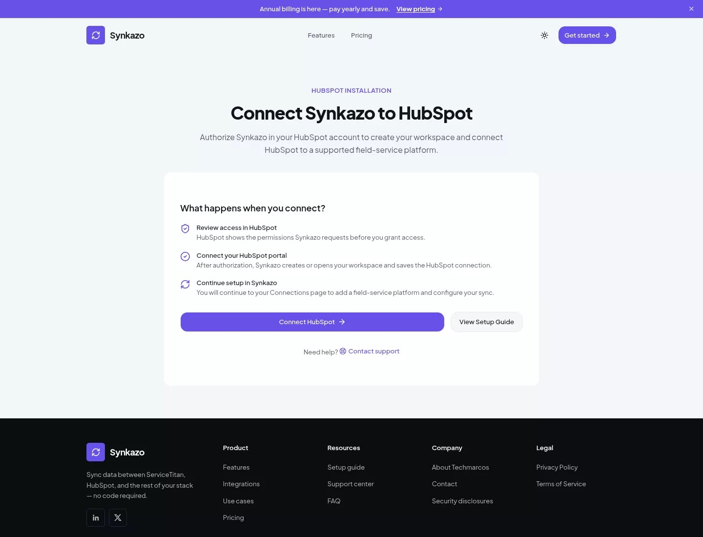 Synkazo HubSpot installation page with the Connect HubSpot button